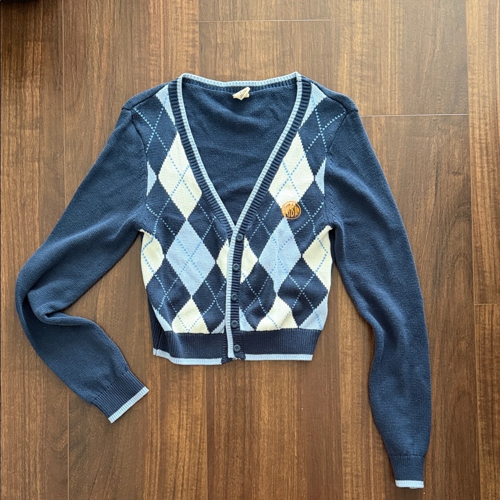 Urban Outfitters Navy Blue Argyle Cropped V-Neck Cardigan